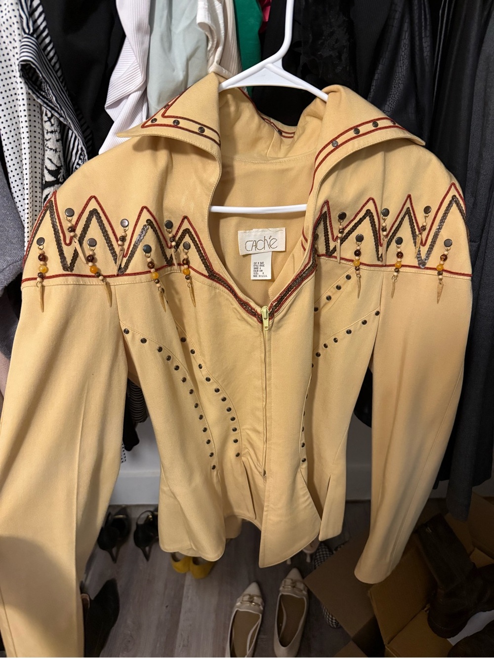 2 piece Cache Embellished Beige Western-Inspired Bomber Jacket and Skirt.